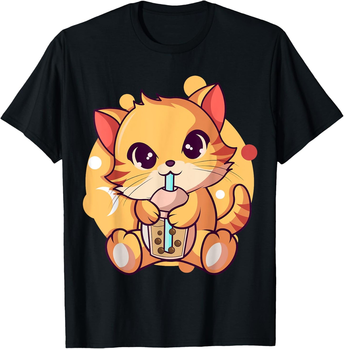 Kawaii Anime Cat Drinking Boba Tea Cat Bubble Tea Women Girls Kids T-Shirt - T-Shirt | Black
