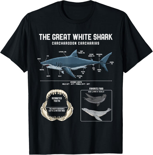 Great White Shark Anatomy Shirt - Shark Marine Biologist T-Shirt - T-Shirt | Black