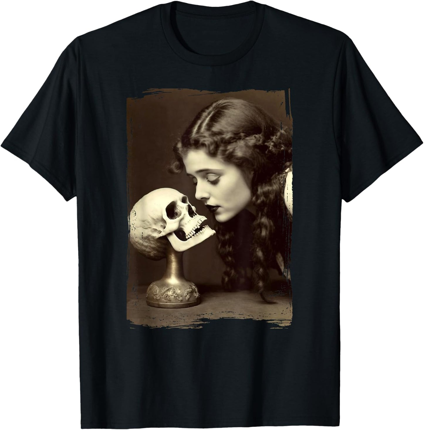 Vintage Witch Sorceress Skeleton Skull Kiss 1910 Photography T-Shirt - T-Shirt | Black