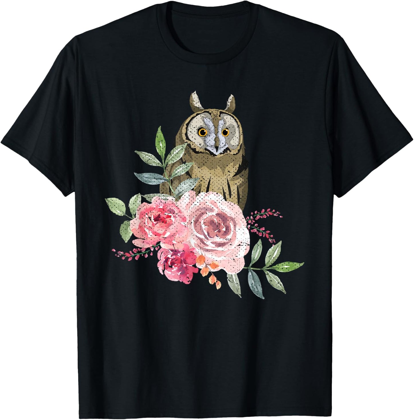Owl Lover Flower Roses Wise Bird Animal Vintage Owl T-Shirt - T-Shirt | Black