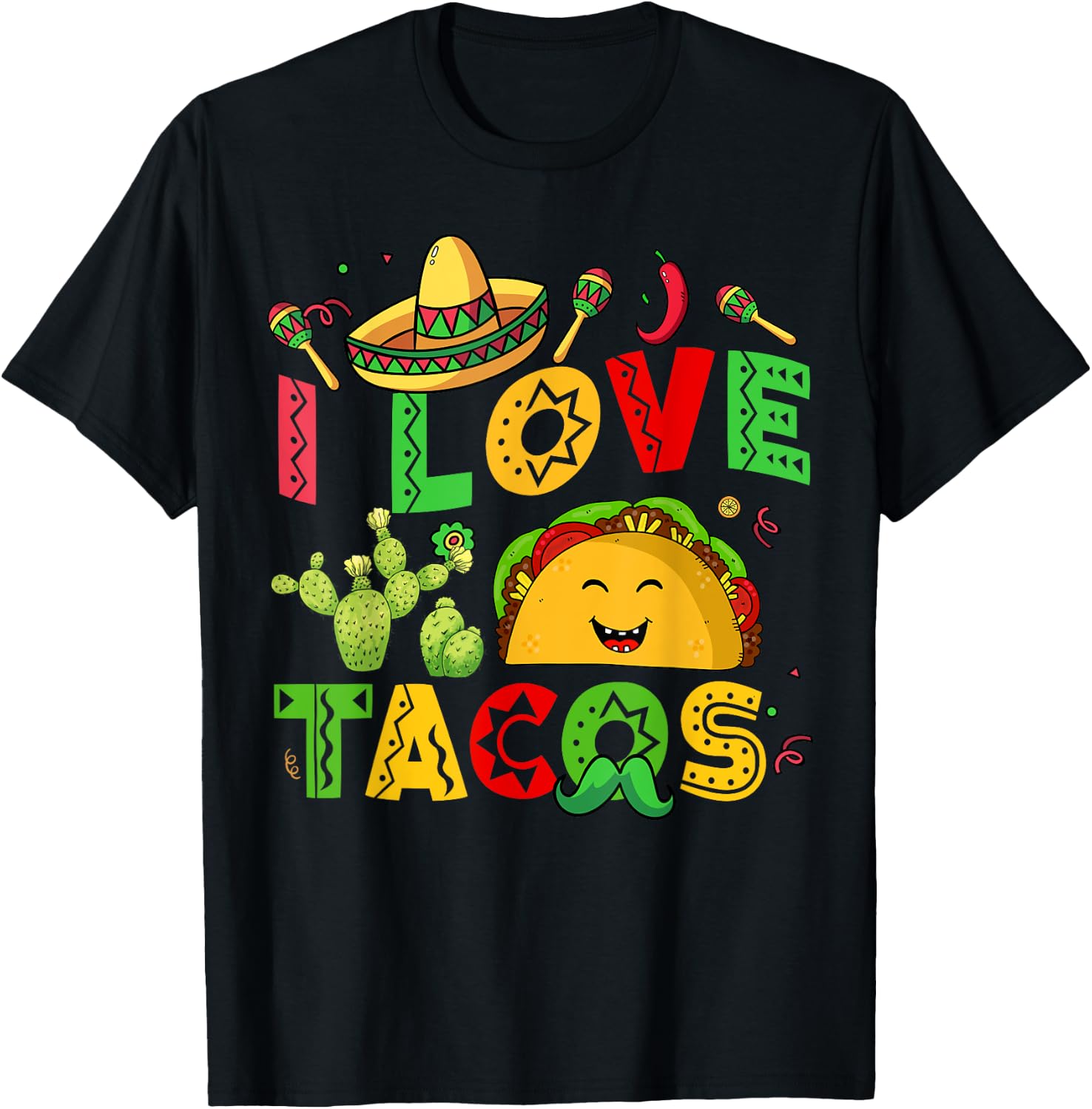 I Love Tacos Kids Men Women Mexican Tuesday Funny Cinco Mayo T-Shirt - T-Shirt | Black