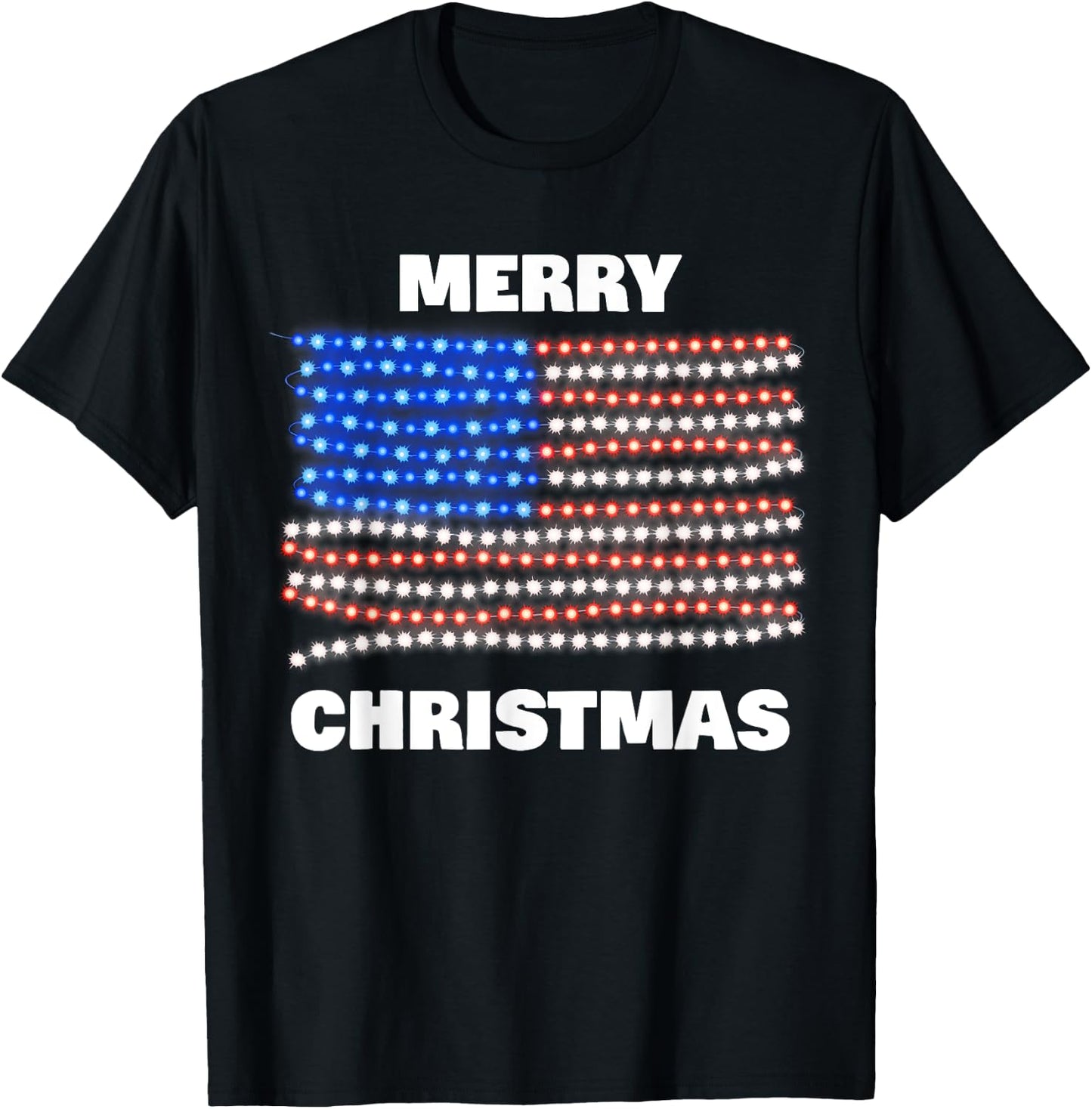 American USA Flag Patriotic Merry Christmas Xmas Lights Women Kids Men T-Shirt - T-Shirt | Black