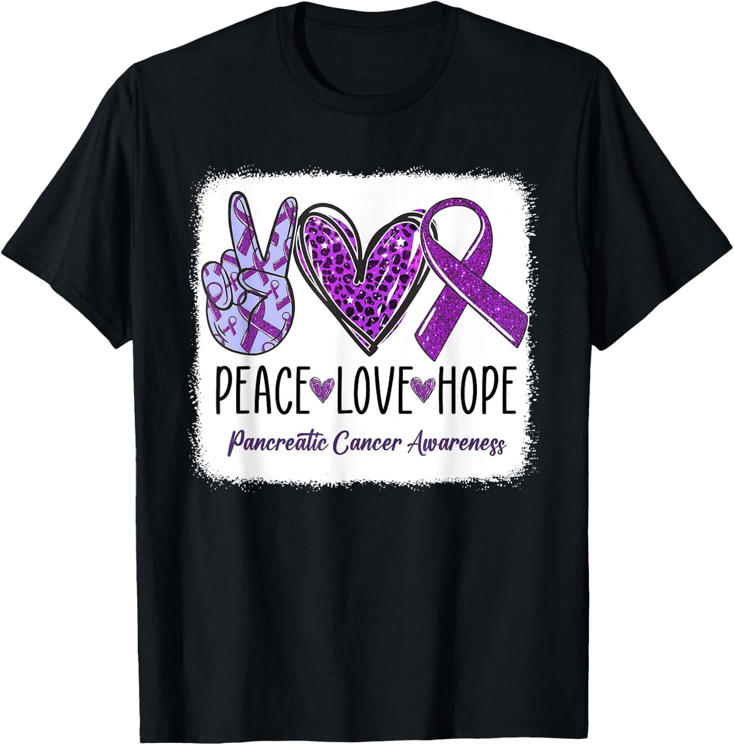 Peace Love Hope Ribbon Purple Pancreatic Cancer Awareness T-Shirt - T-Shirt | Black