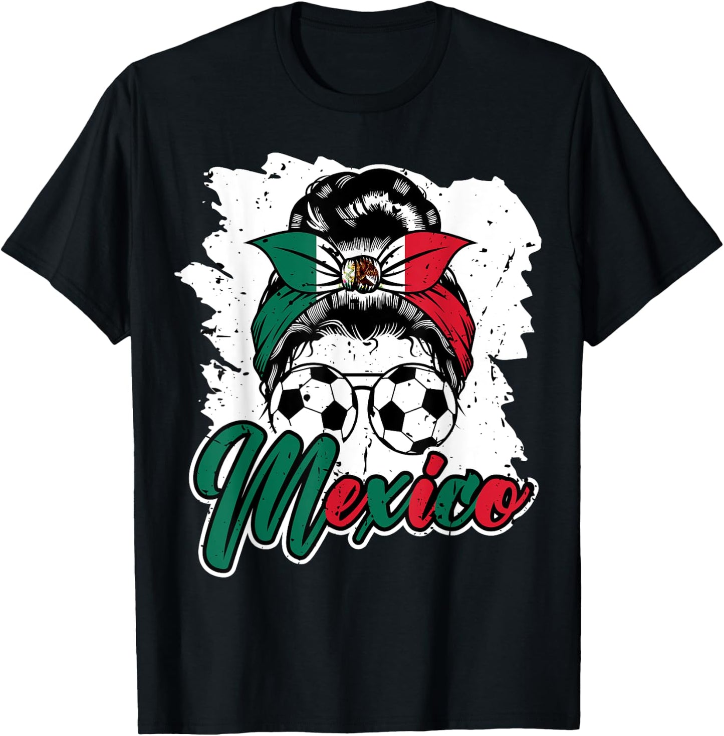 Soccer Mexico Messy Bun Mexican Flag Football Girls Women T-Shirt - T-Shirt | Black