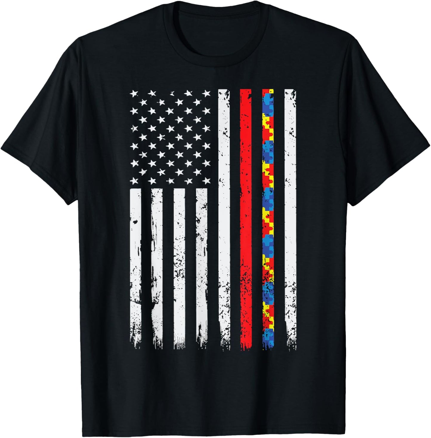 Thin Red Line Firefighter Support Autism 4th July Flag Shirt T-Shirt - T-Shirt | Black