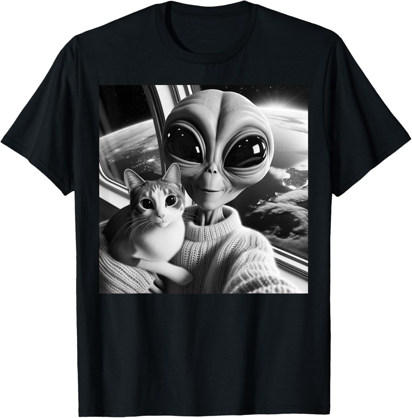 Cute Alien Cat Selfie Funny UFO Earth Photo Women Girls Kids T-Shirt - T-Shirt | Black