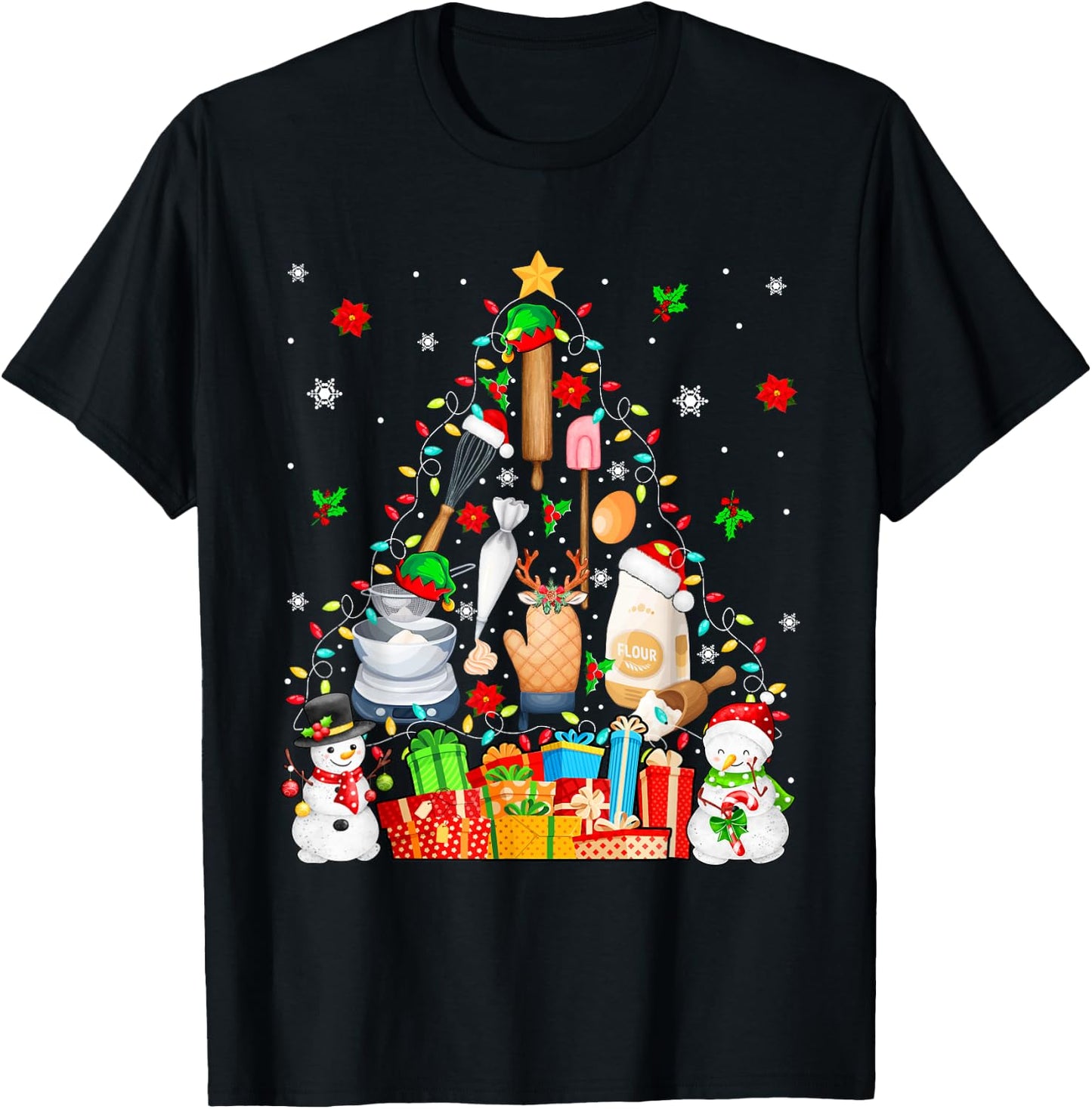 Baking Tools As Christmas Tree Xmas Lights Snowmen Baker T-Shirt - T-Shirt | Black
