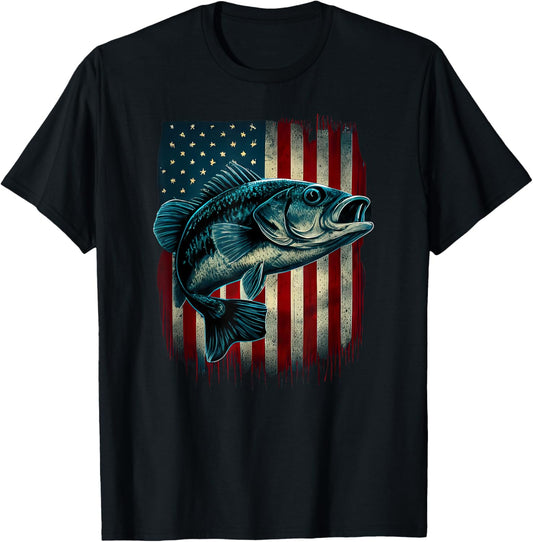 Fishing American Flag Vintage USA Bass Fisherman Gift T-Shirt - T-Shirt | Black
