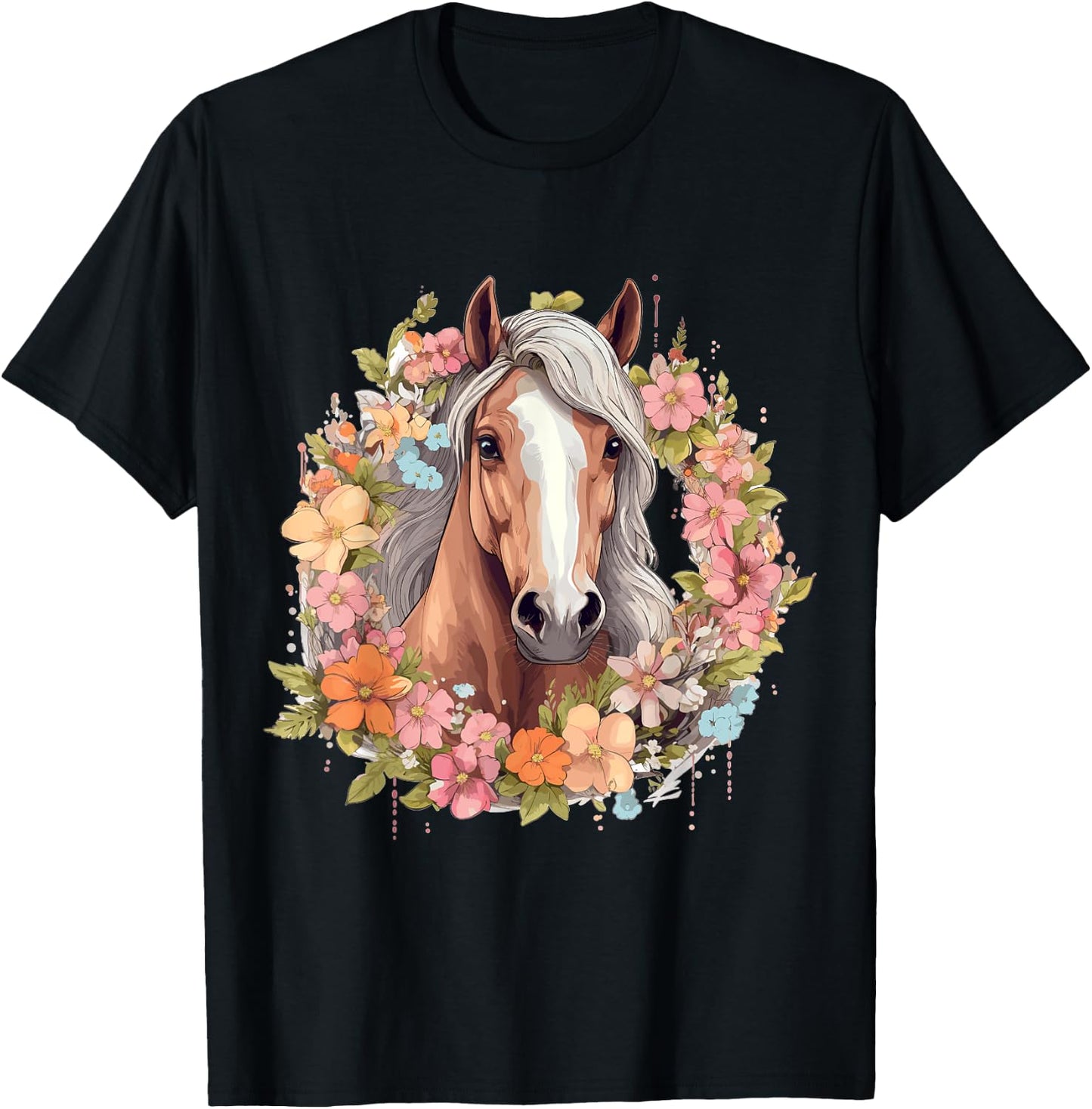 Horse Riding Horses with Flowers T-Shirt - T-Shirt | Black