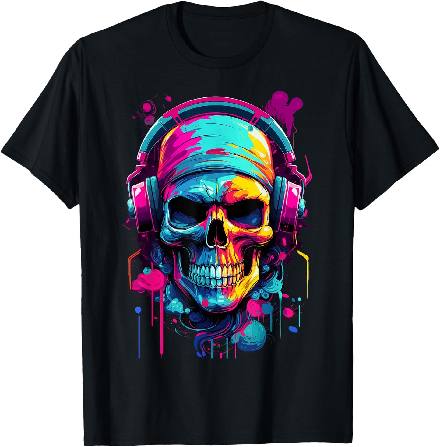 Colorful Skull With Headphones - Music Themed Horror T-Shirt - T-Shirt | Black
