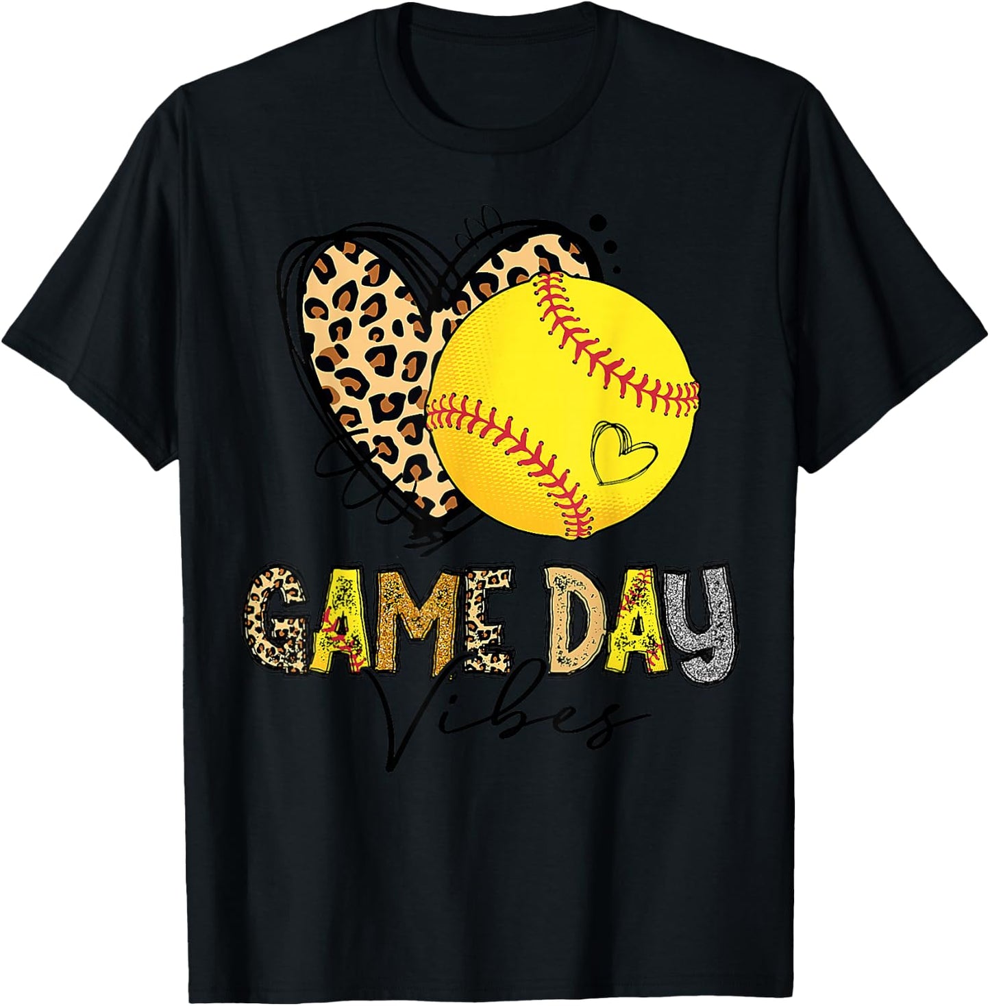 Bleached Softball Game Day Vibes Leopard Heart Headband Mom T-Shirt - T-Shirt | Black