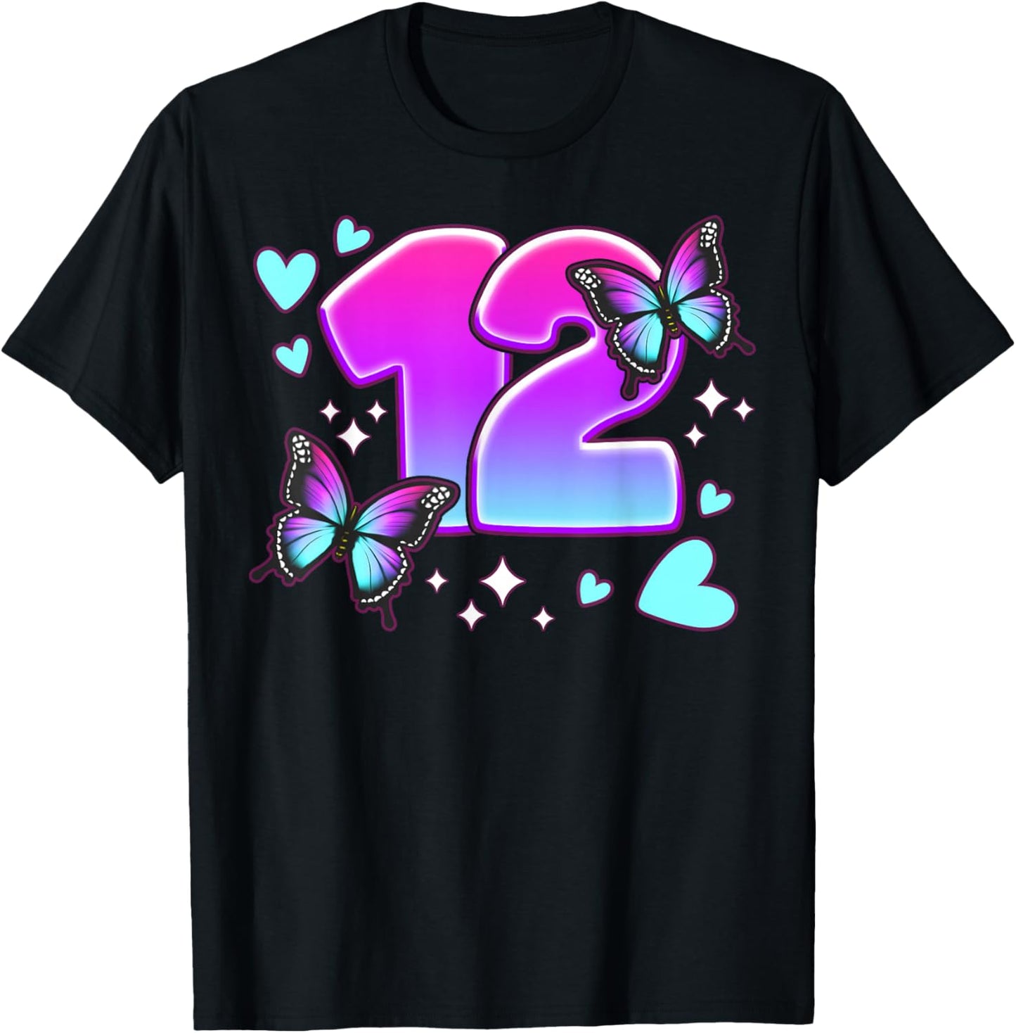 Birthday Girl 12 Years, Butterflies and Number 12 T-Shirt - T-Shirt | Black