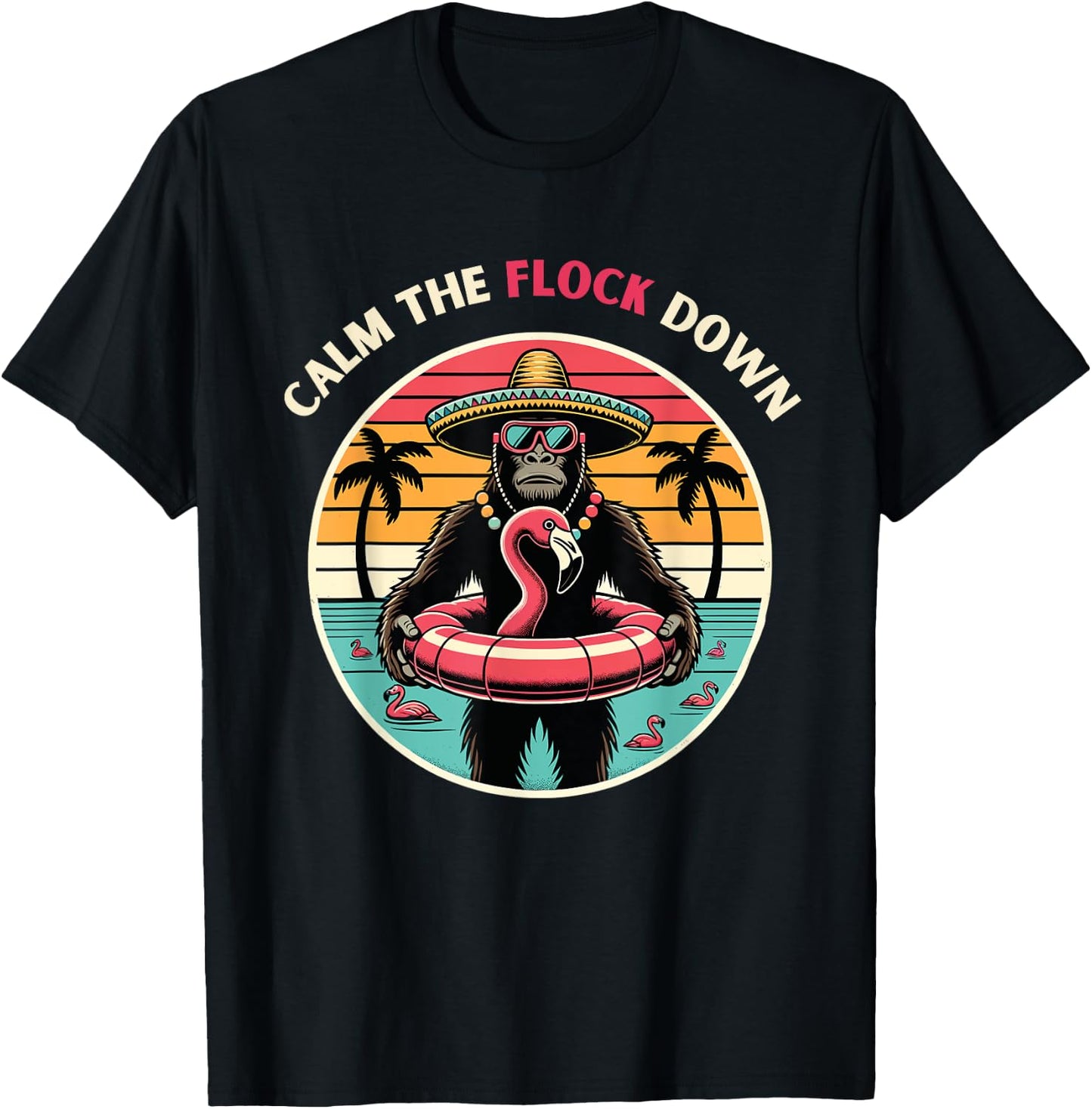 Bigfoot Sasquatch Flamingo pool party T-Shirt - T-Shirt | Black