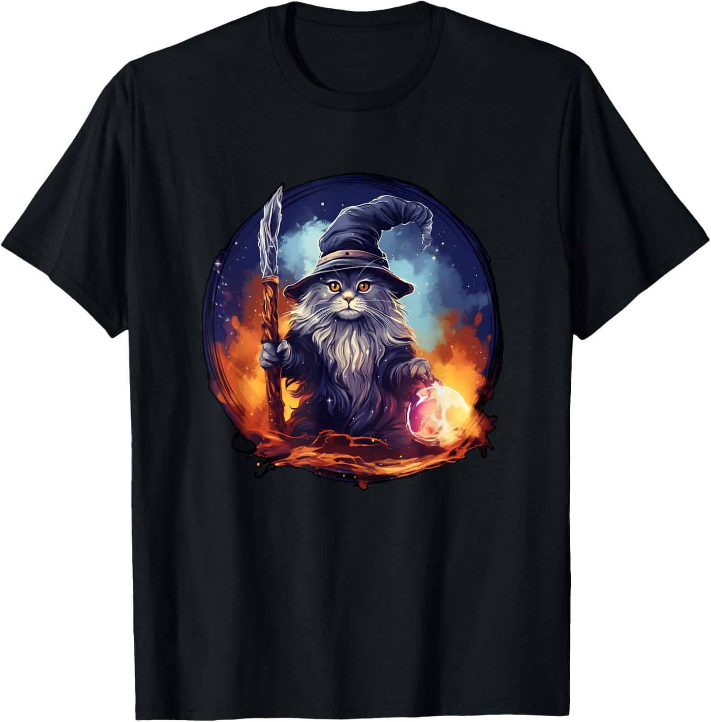 Magical Feline Sorcerer: Enchanting Wizard Cat T-Shirt - T-Shirt | Black