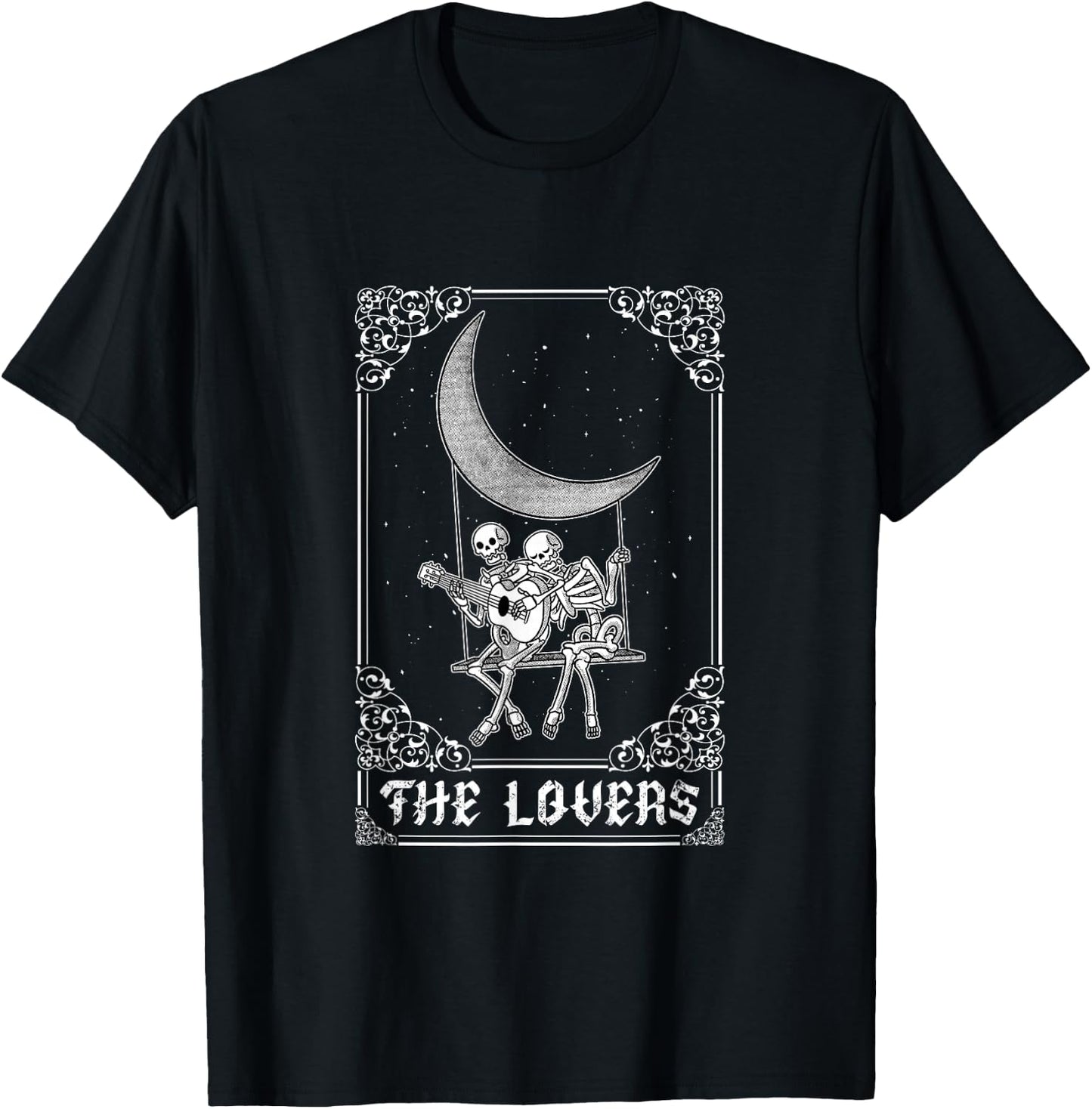 The Lovers Vintage Tarot Card Gothic Halloween Skeleton Moon T-Shirt - T-Shirt | Black