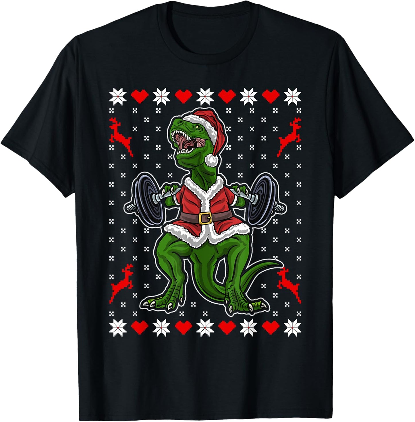 Cute T-Rex in the Gym - Funny Weight Lifting Christmas Dino T-Shirt - T-Shirt | Black