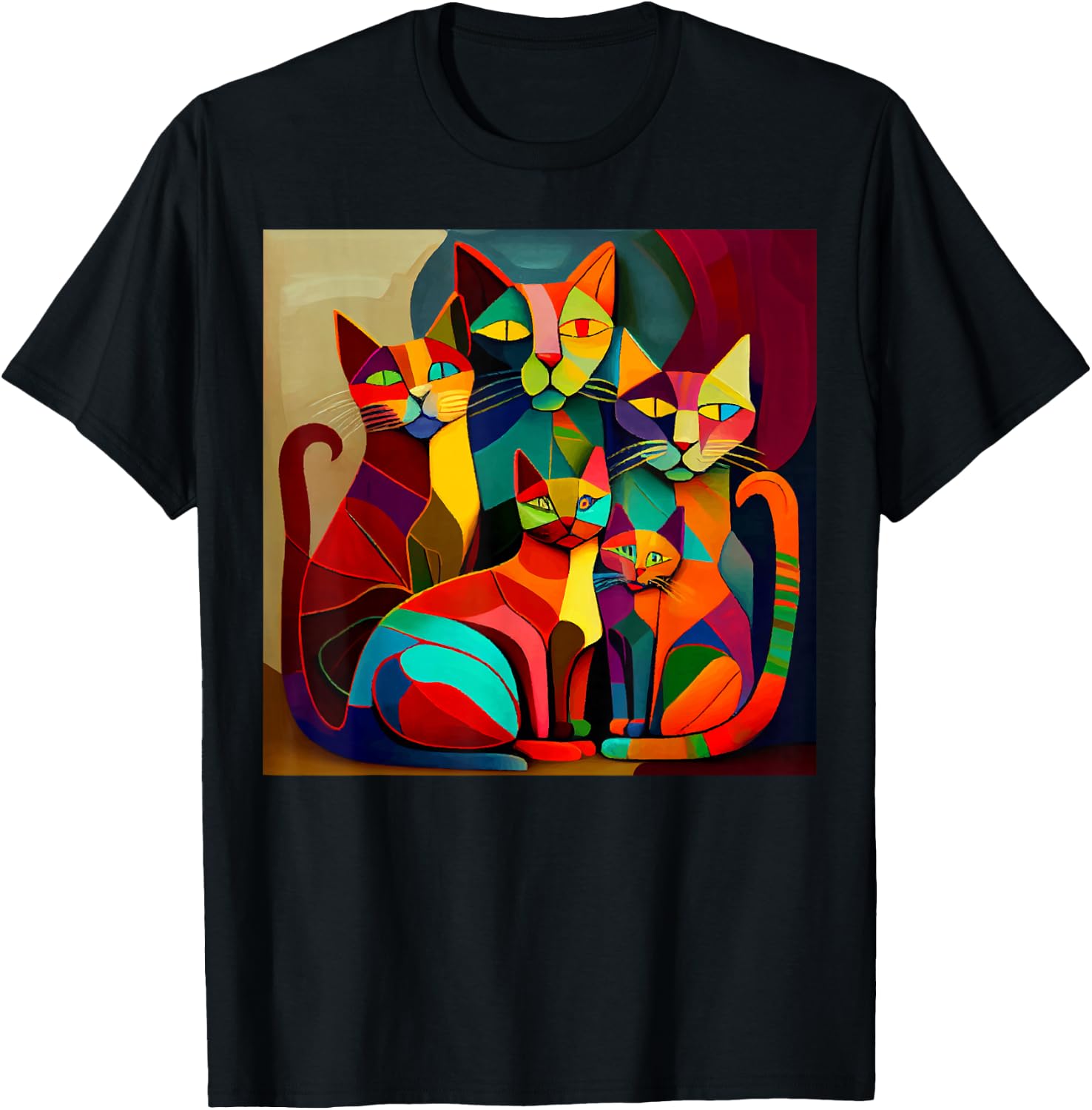 Abstract Colorful Woman Picatsso Cat Designs T-Shirt - T-Shirt | Black
