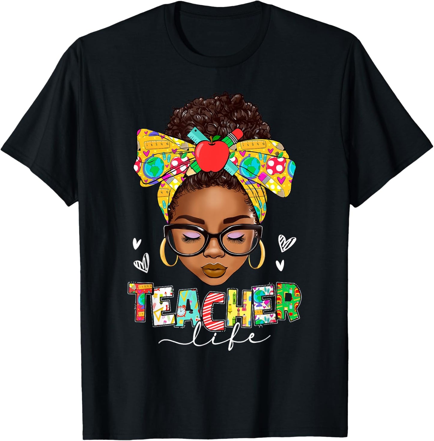 Teacher Life Messy Bun Afro African American Back To School T-Shirt - T-Shirt | Black