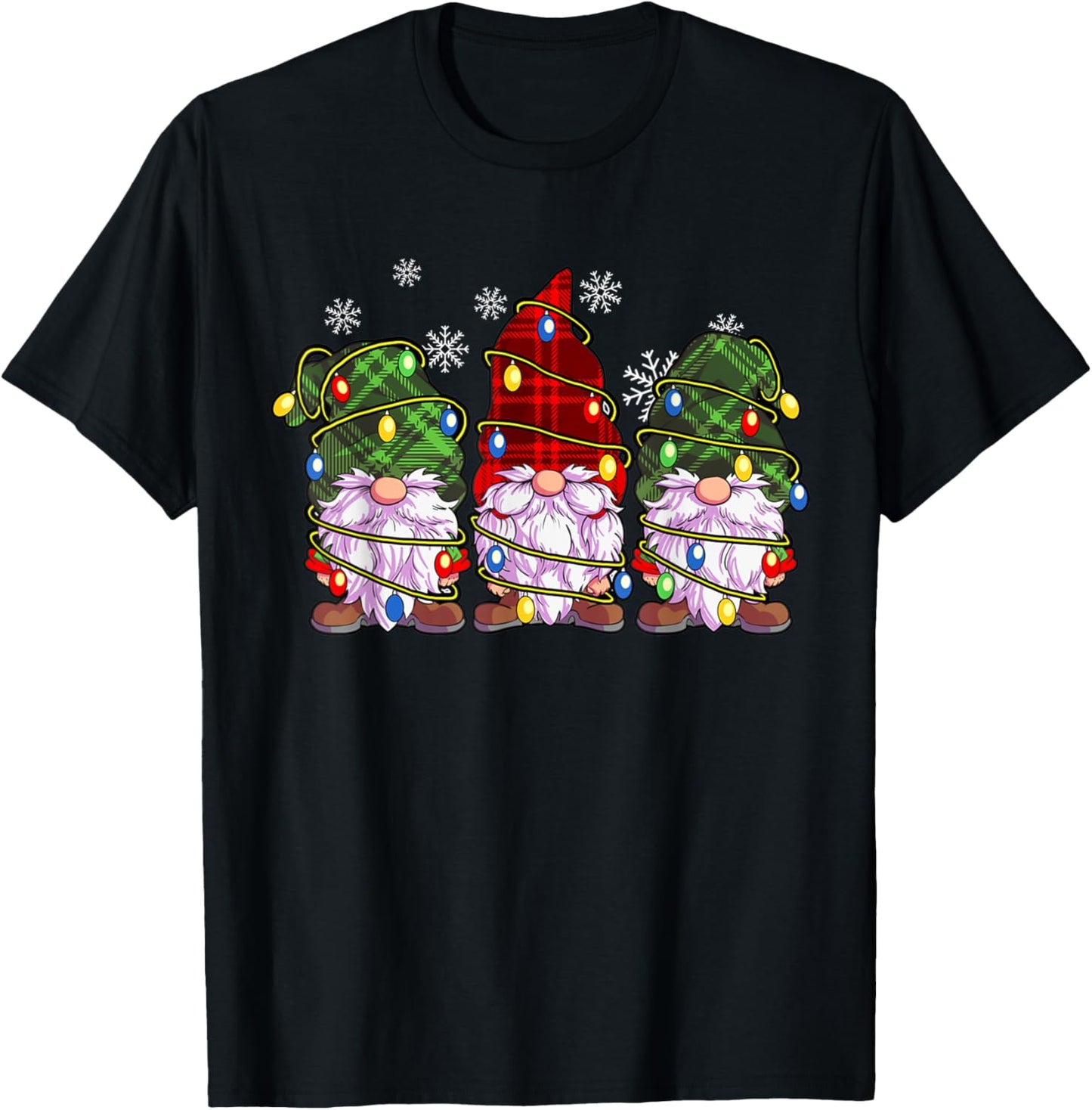 Three Gnomes Wearing Plaid Wrapped In Christmas Lights T-Shirt - T-Shirt | Black