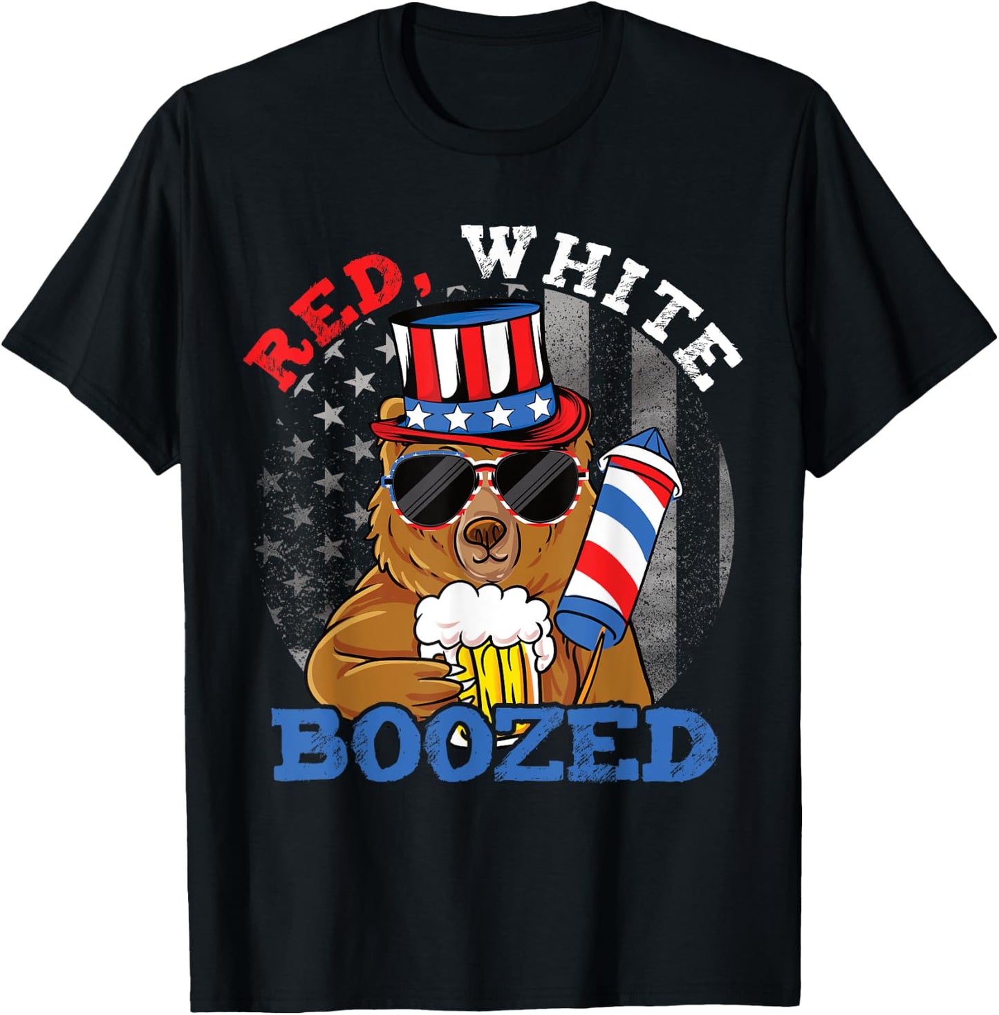 Red White Boozed Funny Bear Booze US 4th of July T-Shirt - T-Shirt | Black