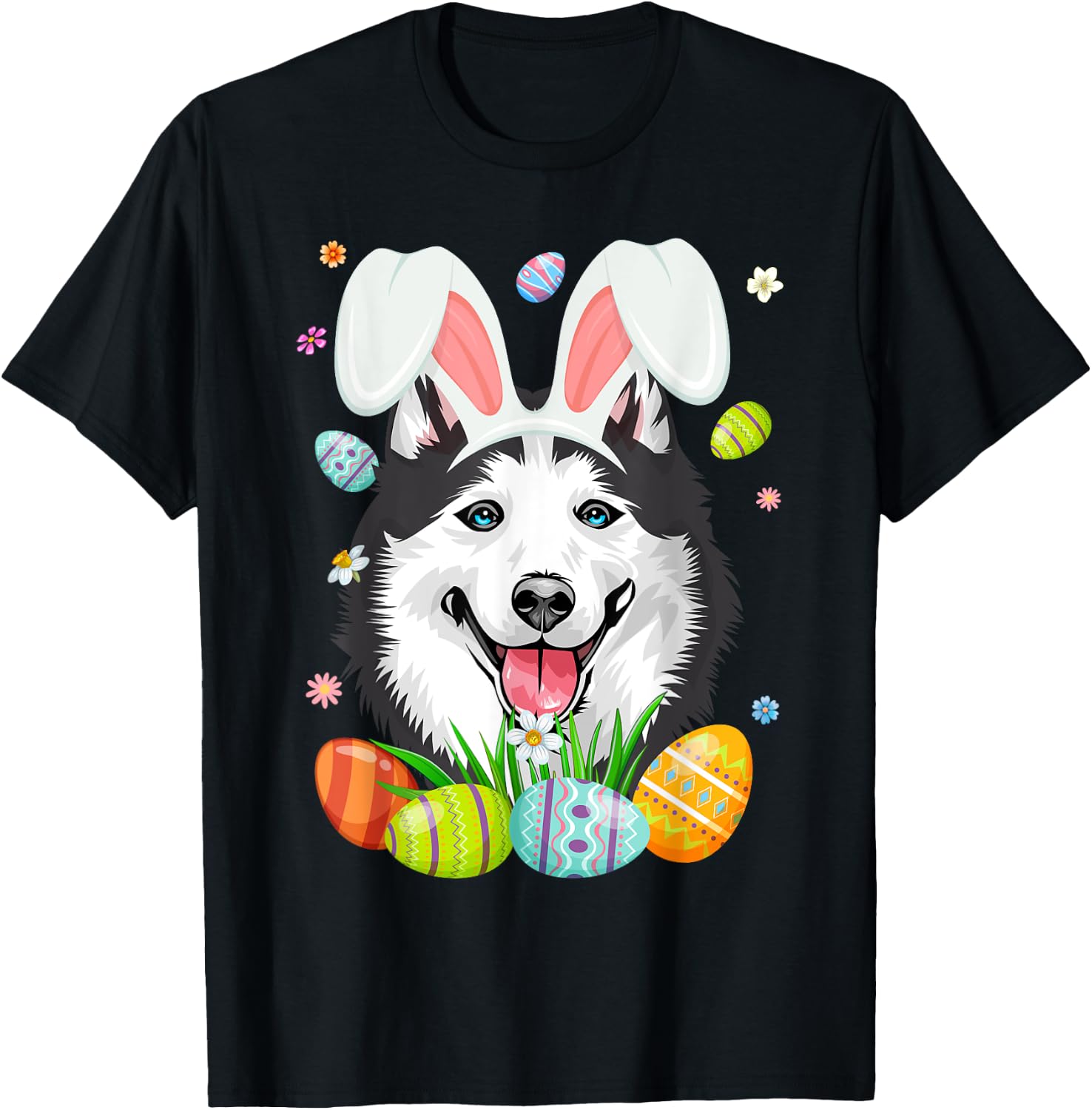 Cute Bunny Siberian Husky Dog Head & Easter Egg Easter Day Women Girls Kids T-Shirt - T-Shirt | Black