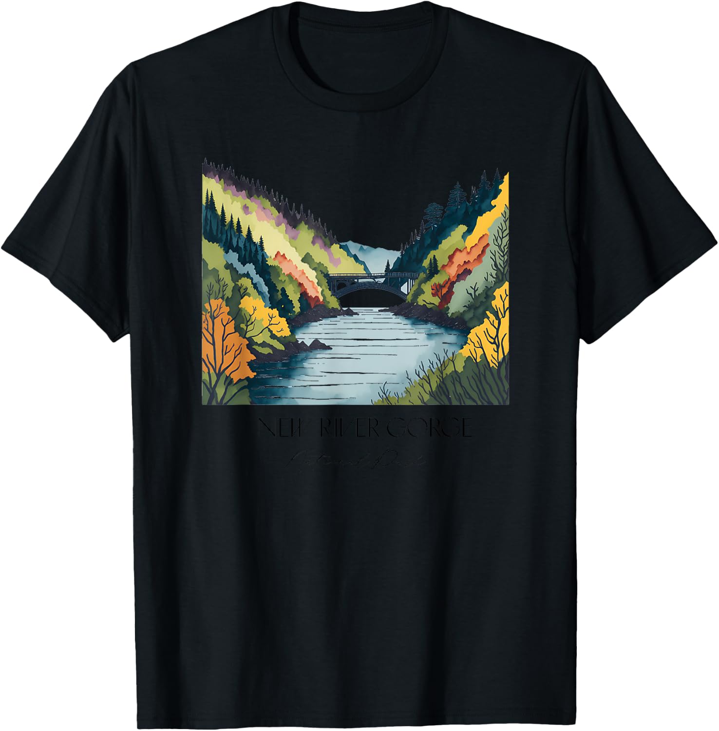 Cool New River Gorge National Park Hiking Watercolor Graphic T-Shirt - T-Shirt | Black
