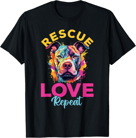 Pitbull Pittie - Rescue Love Repeat T-Shirt - T-Shirt | Black