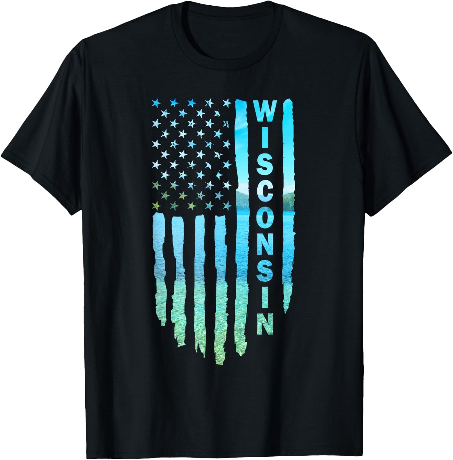 Wisconsin Fishing American Flag T-Shirt - T-Shirt | Black
