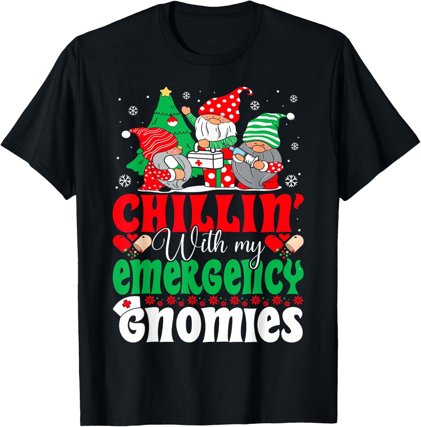 Emergency Nurse Gnomes Funny ER Nurse Christmas T-Shirt - T-Shirt | Black