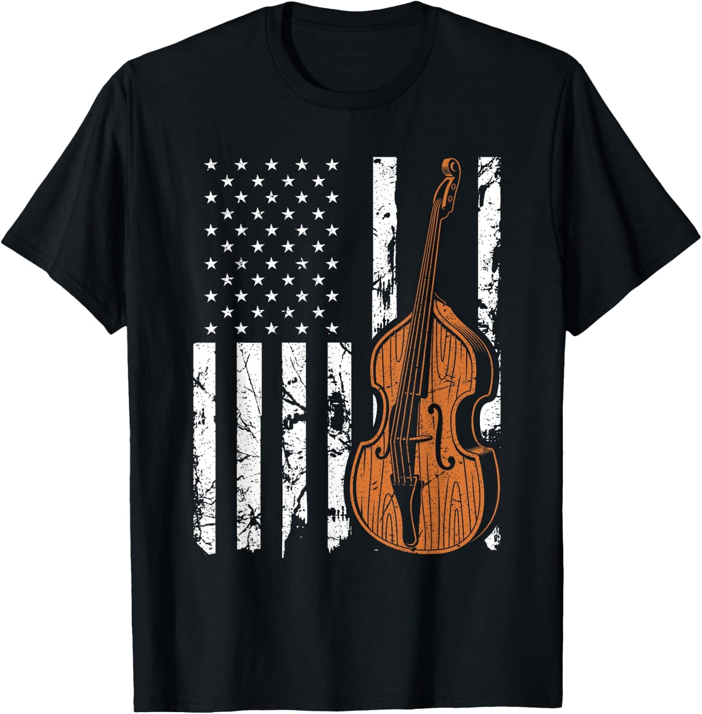 Upright Bass American Flag, Patriotic Double Bass Fiddle Women Men T-Shirt - T-Shirt | Black
