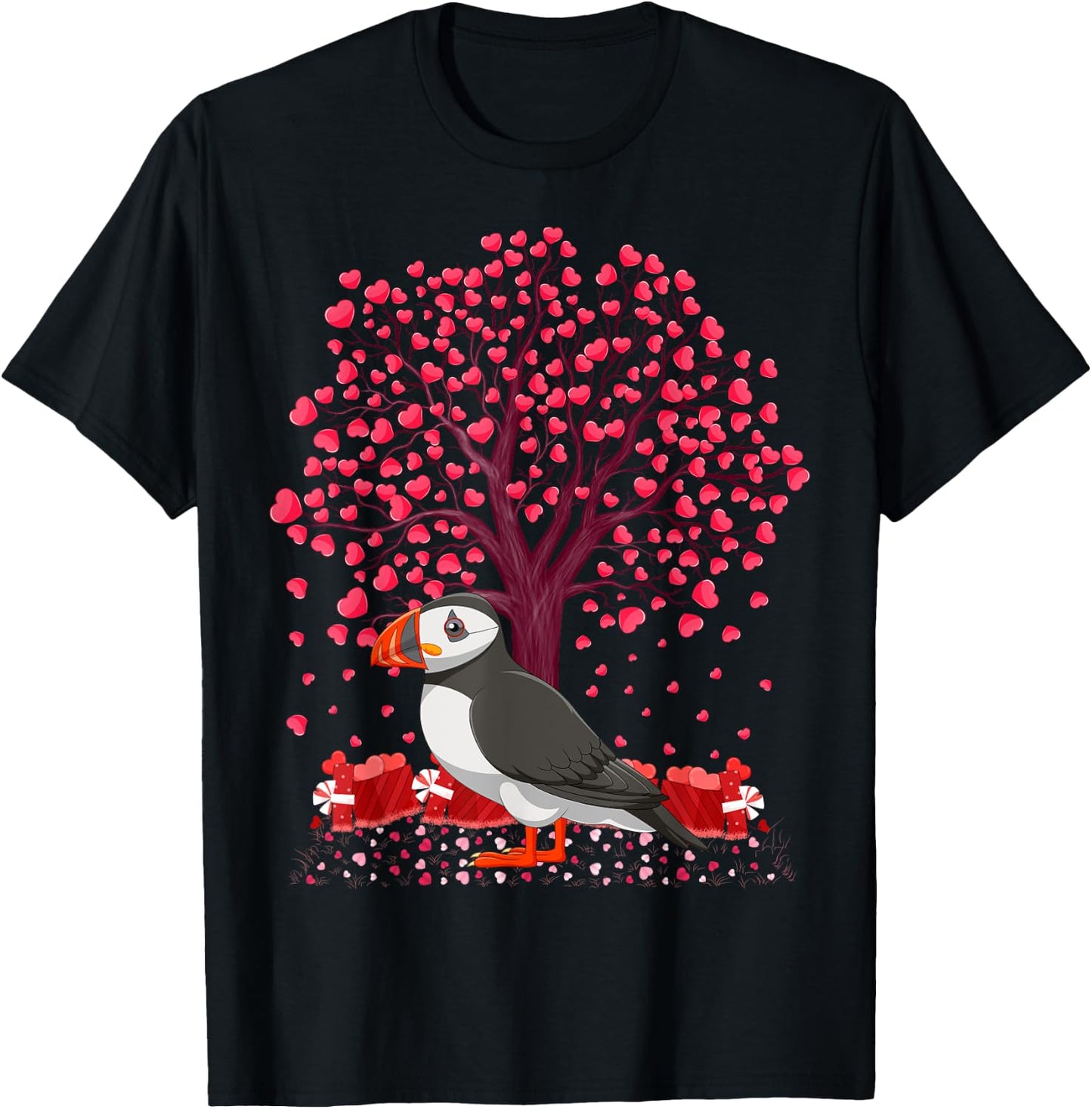 Puffin Bird Lover Heart Tree Puffin Valentine's Day T-Shirt - T-Shirt | Black