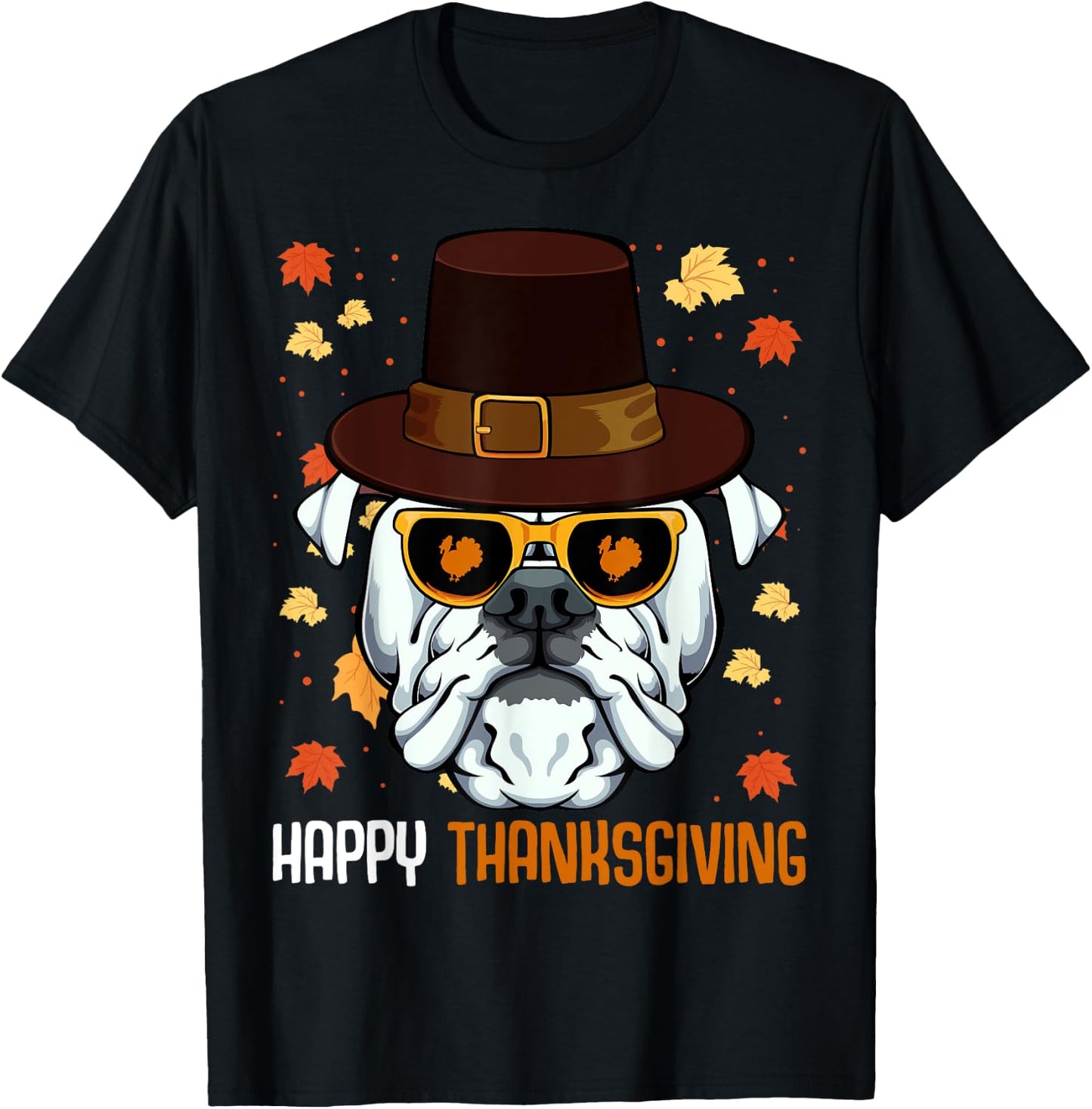 English Bulldog On Sunglasses Thanksgiving Day Dog Turkey T-Shirt - T-Shirt | Black