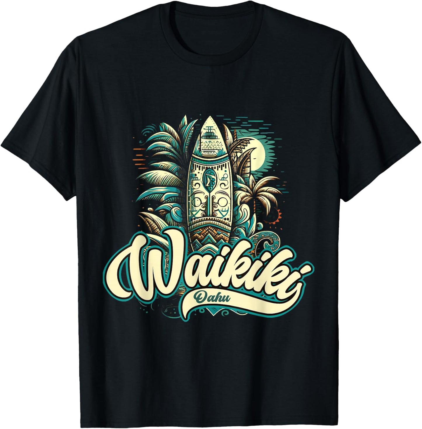 Waikiki Beach Polynesian Hawaii Surf Design T-Shirt - T-Shirt | Black