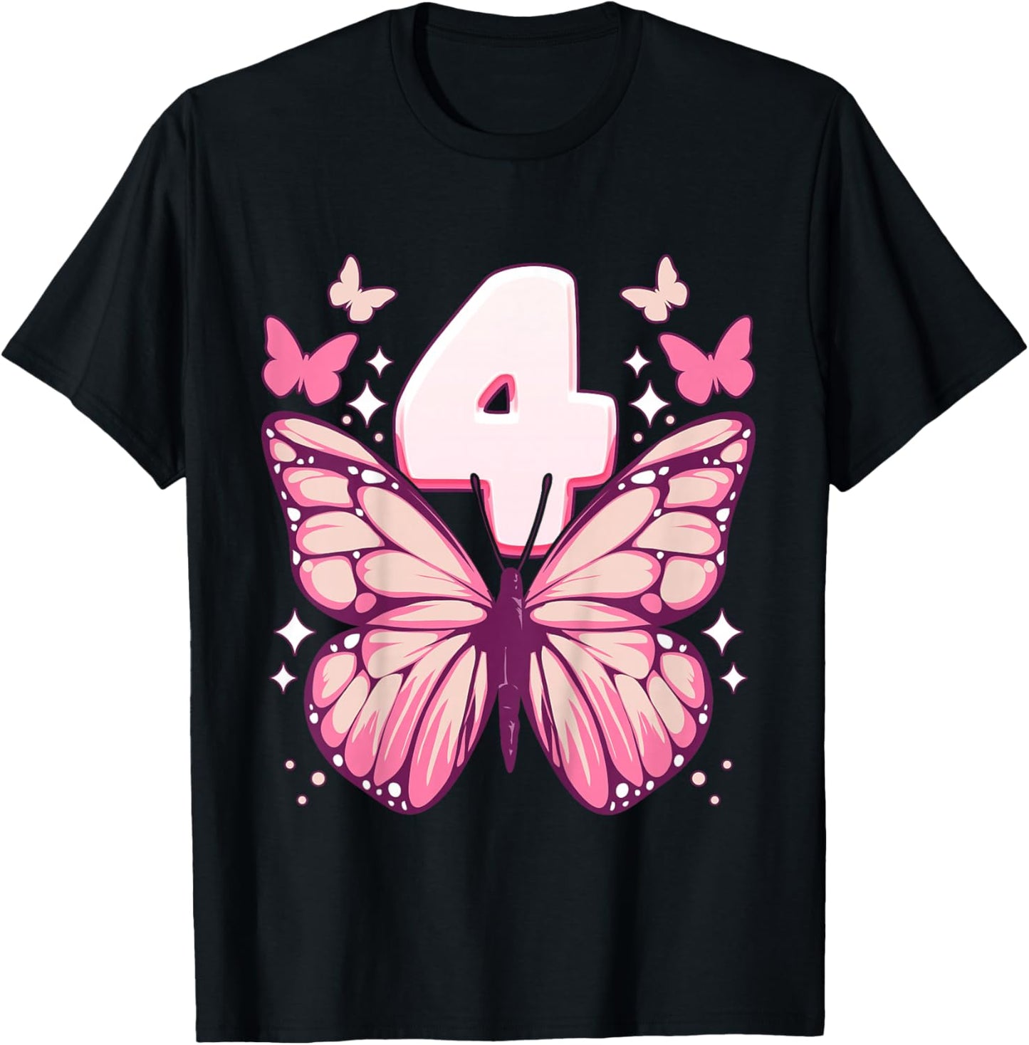 Birthday Girl 4 years, Butterflies and Number 4 T-Shirt - T-Shirt | Black