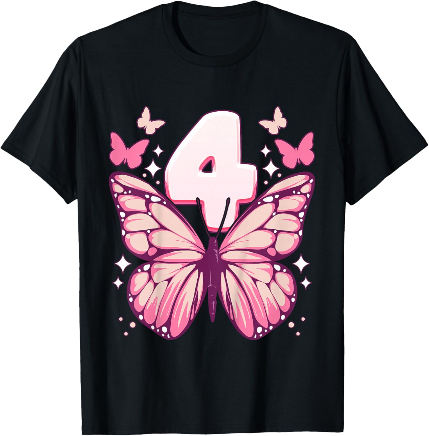 Birthday Girl 4 years, Butterflies and Number 4 T-Shirt - T-Shirt | Black