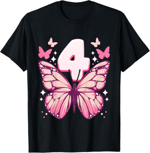Birthday Girl 4 years, Butterflies and Number 4 T-Shirt - T-Shirt | Black