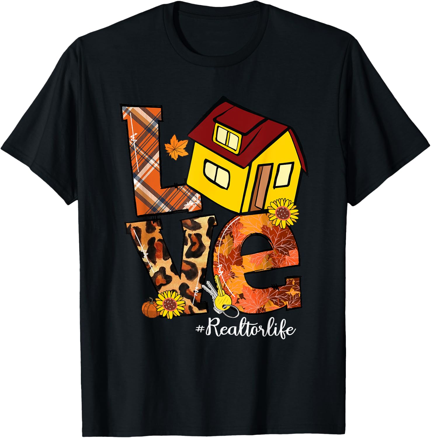 LOVE Pumpkin Leopard Realtor Life Fall Thanksgiving T-Shirt - T-Shirt | Black