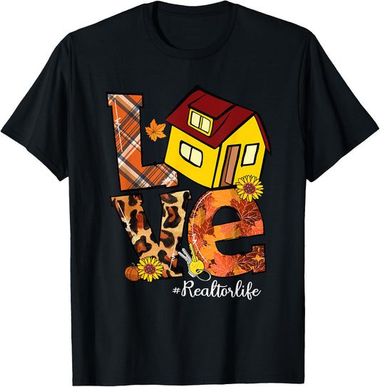 LOVE Pumpkin Leopard Realtor Life Fall Thanksgiving T-Shirt - T-Shirt | Black
