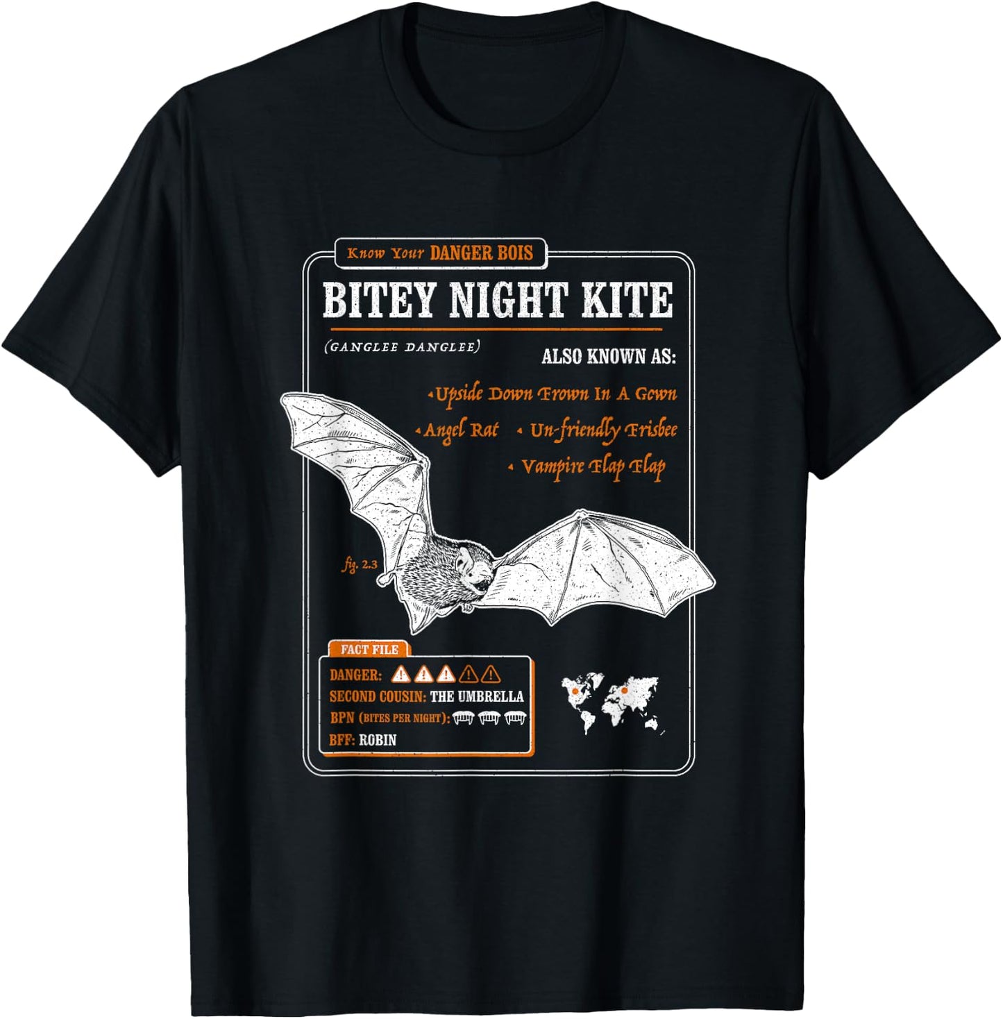Funny Bat Fact File - Bitey Night Kite T-Shirt - T-Shirt | Black