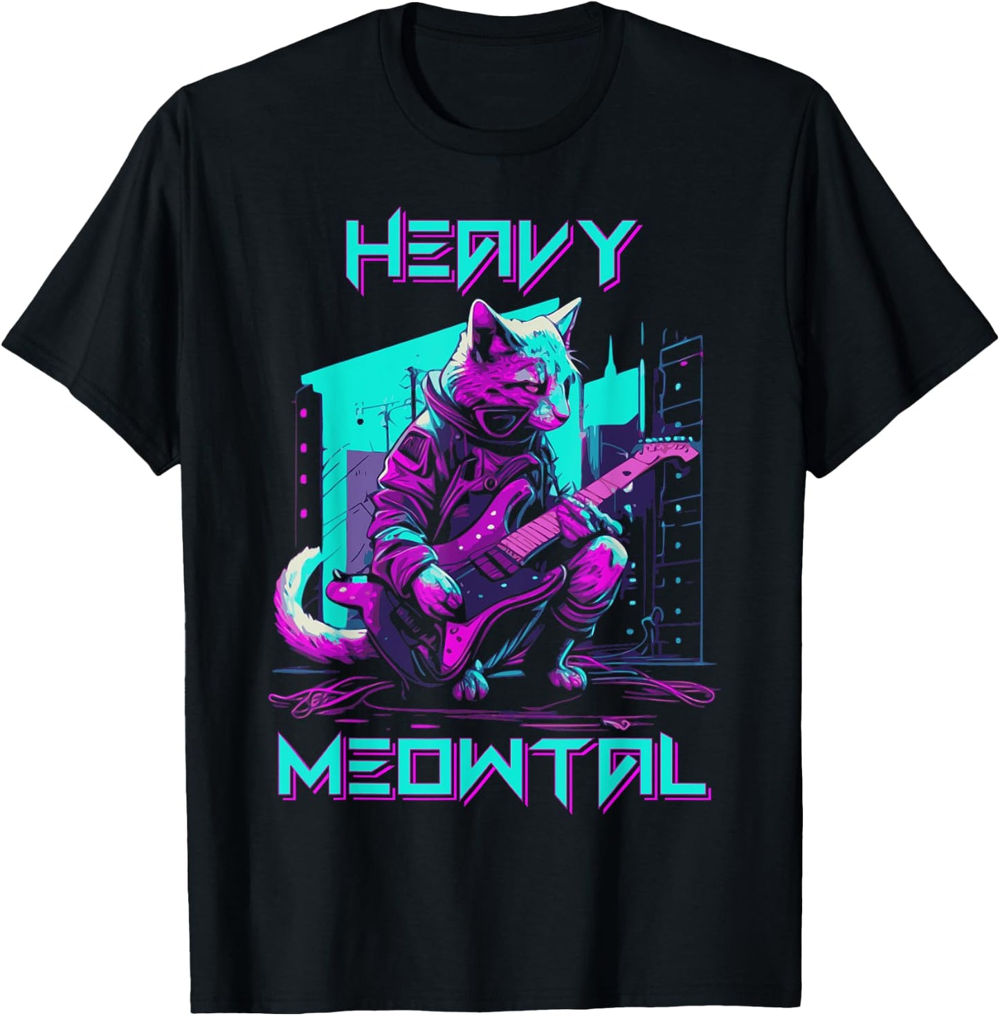 Vaporwave 80s Cat Playing Guitar Cyberpunk Meowtal T-Shirt - T-Shirt | Black
