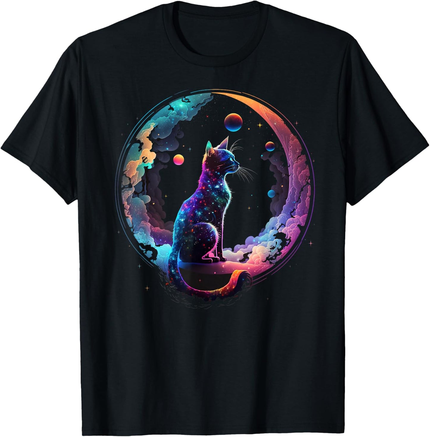 Cosmic Cat Cool Colorful Crescent Moon and Clouds Kitten T-Shirt - T-Shirt | Black