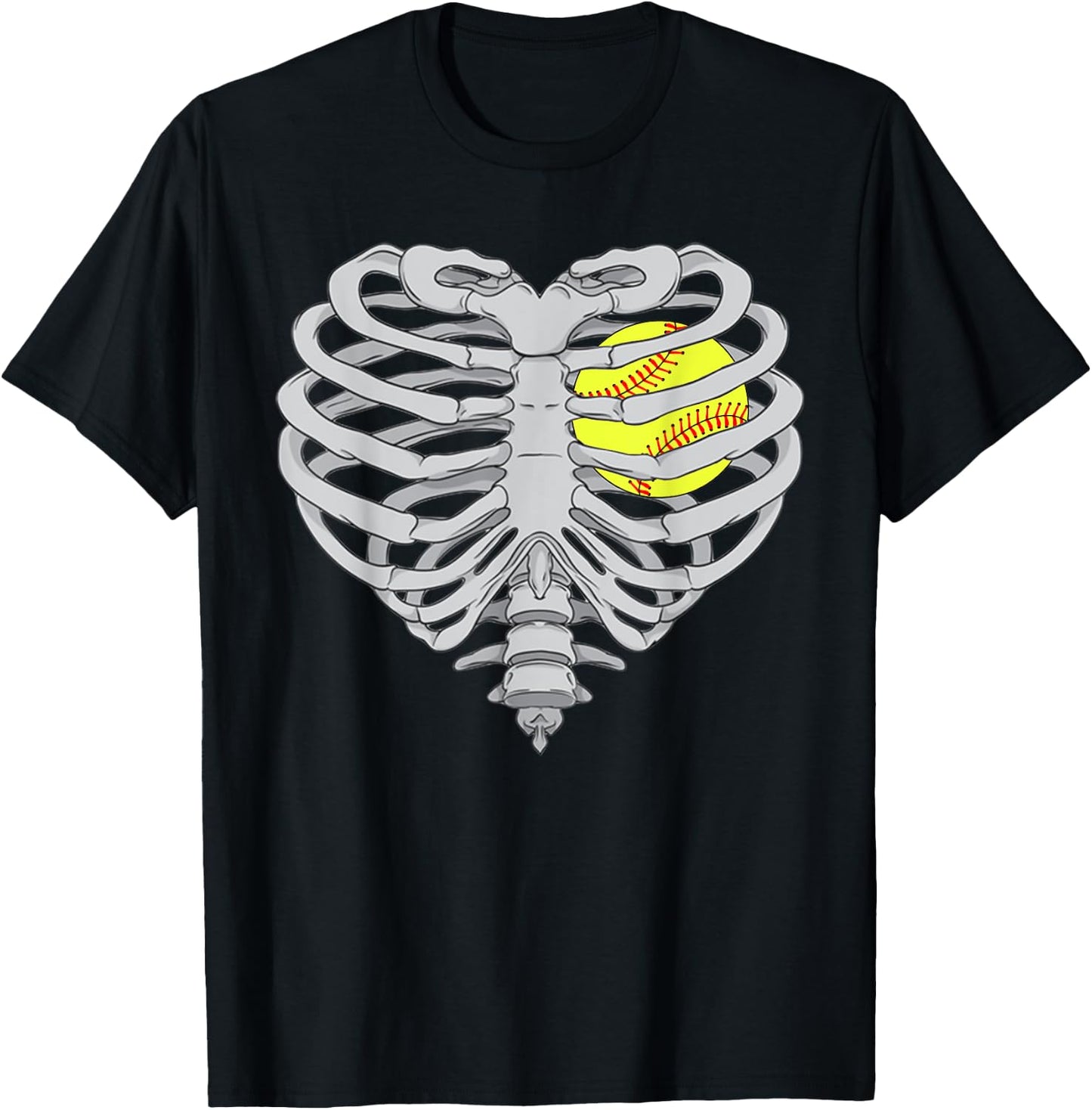 Softball Heart Skeleton RibCage Halloween Love Softball T-Shirt - T-Shirt | Black