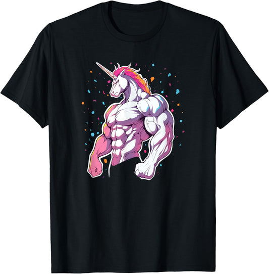 Buff Big Muscle Unicorn Illustration - Funny Strong Gym T-Shirt - T-Shirt | Black