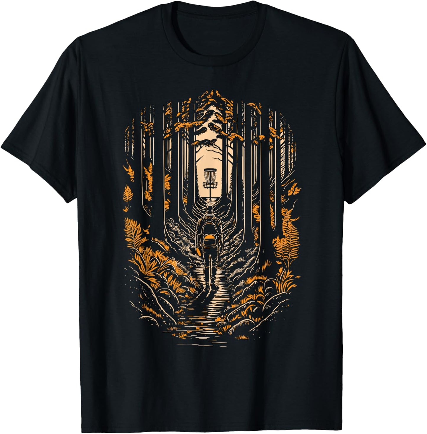 Disc Golf Forest Course Wilderness Golfer Sunset T-Shirt - T-Shirt | Black
