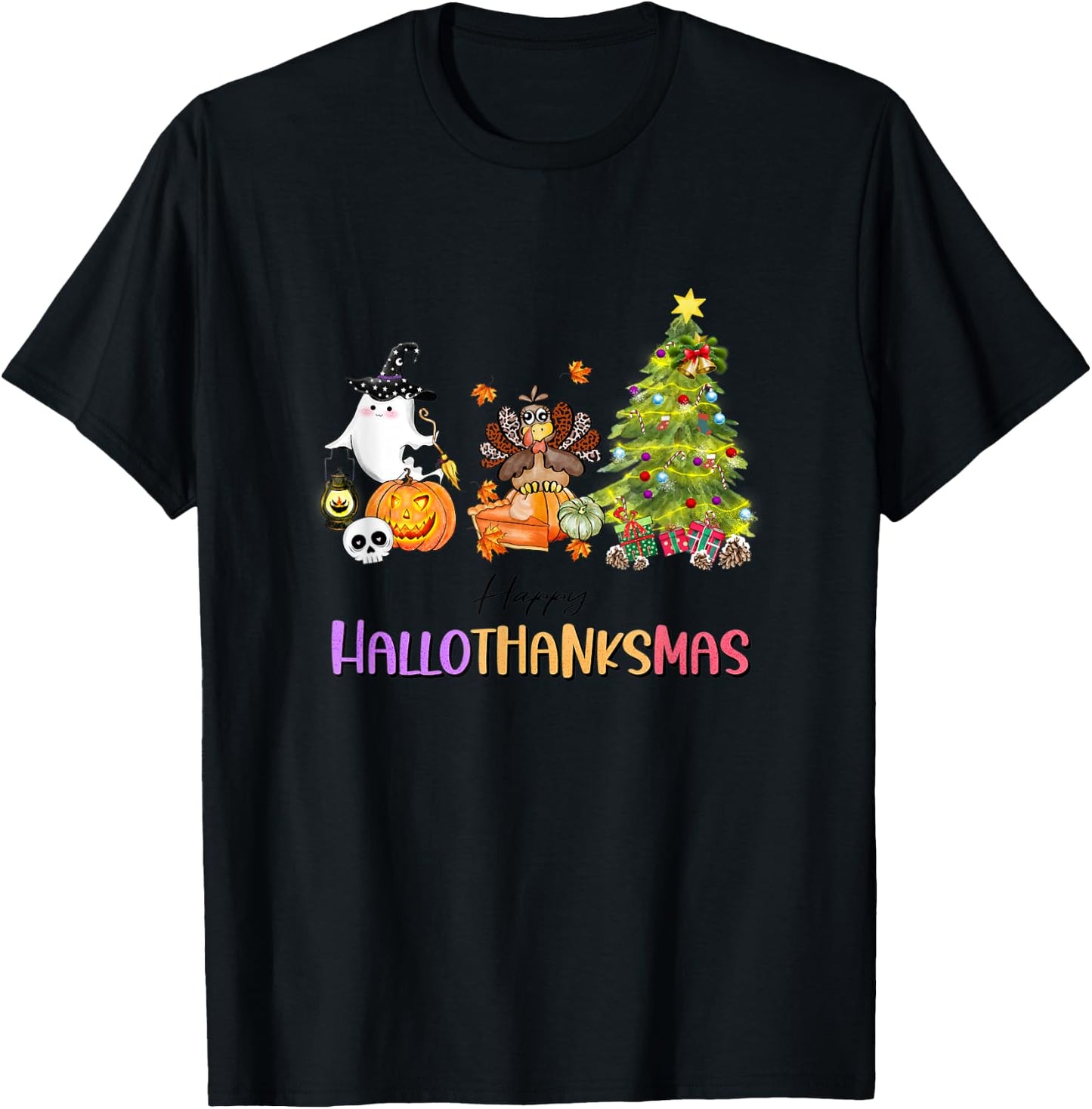 Happy Hallothanksmas Ghost Turkey Christmas Tree T-Shirt - T-Shirt | Black