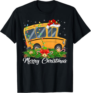 School Bus Lover Matching Santa Hat School Bus Christmas T-Shirt - T-Shirt | Black