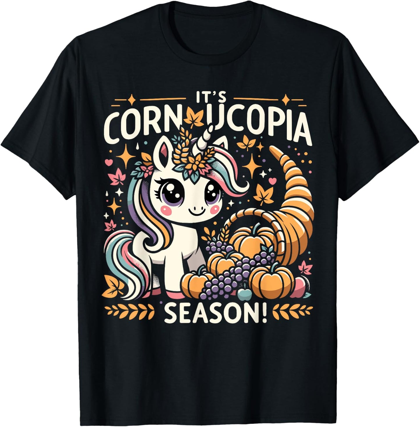 Cute Cornucopia Unicorn Thanksgiving Day Kids Men Women T-Shirt - T-Shirt | Black