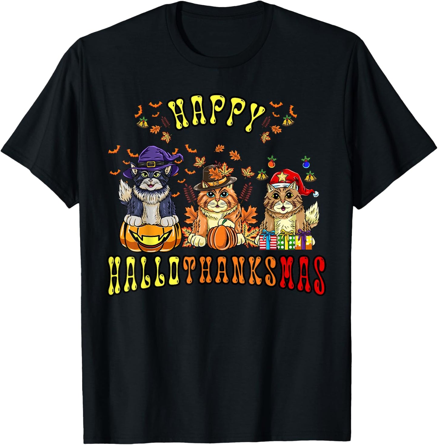 Happy Hallothanksmas Cats Halloween Thanksgiving Christmas T-Shirt - T-Shirt | Black