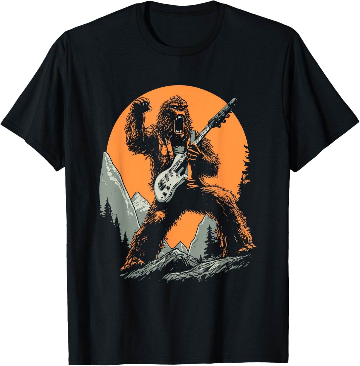 Bigfoot Playing Electric Guitar Funny Sasquatch Rocker T-Shirt - T-Shirt | Black