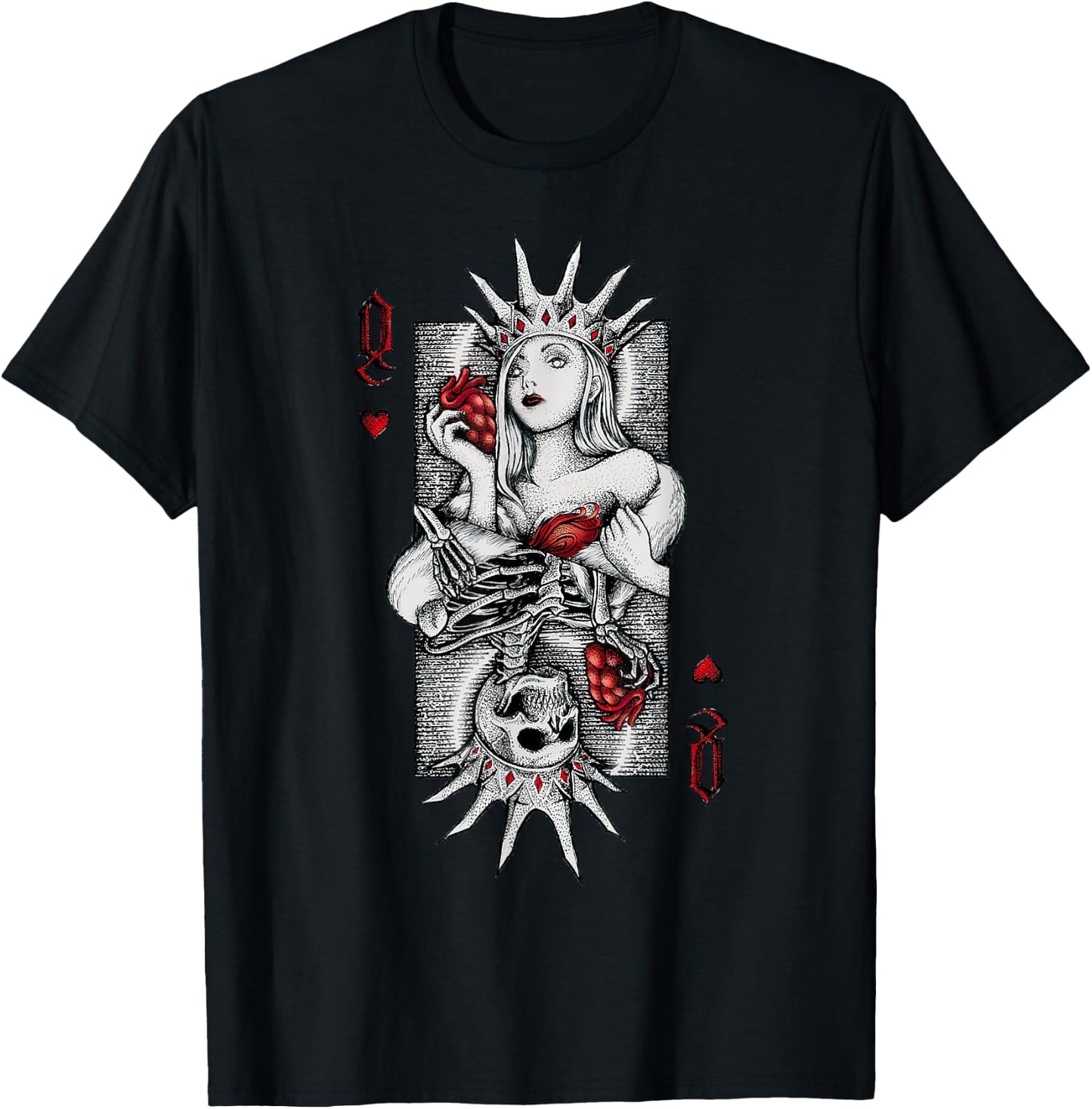 Skeleton Skull Queen of Hearts Costume Spooky Halloween Card T-Shirt - T-Shirt | Black
